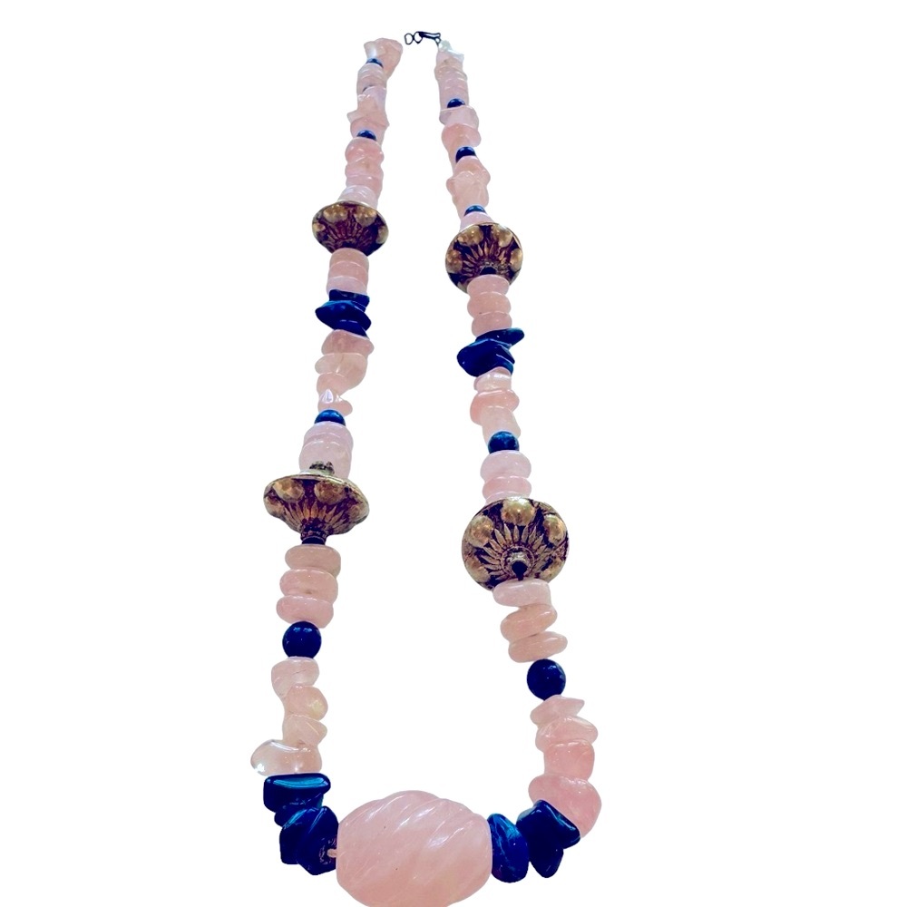 Vintage rose quart, lapis and pewter beaded necklace. EUC